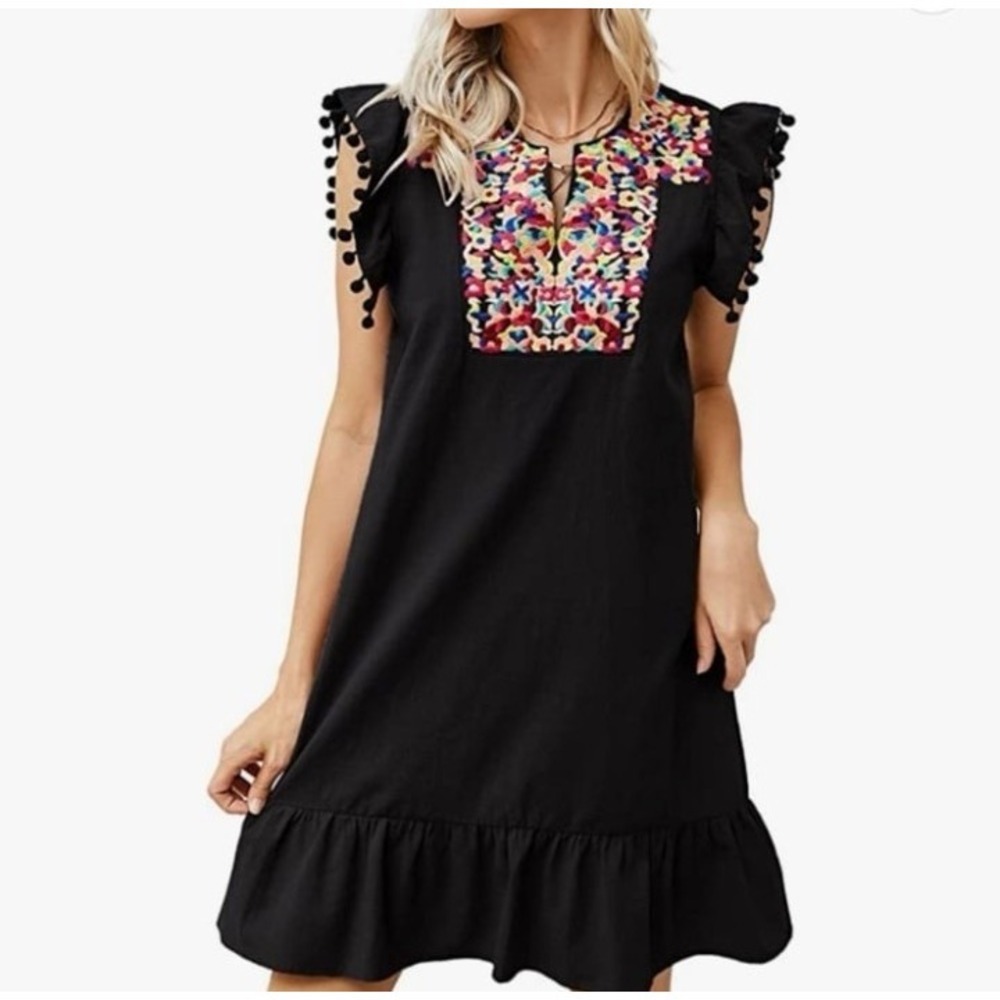 Women's Black Embroidered Flutter Sleeve Dress